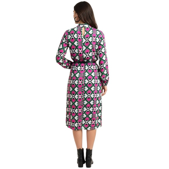 Bold Retro Geometric Print Midi Shirt Dress w/ Belt – Pink Green White  S M L - Picture 2 of 8